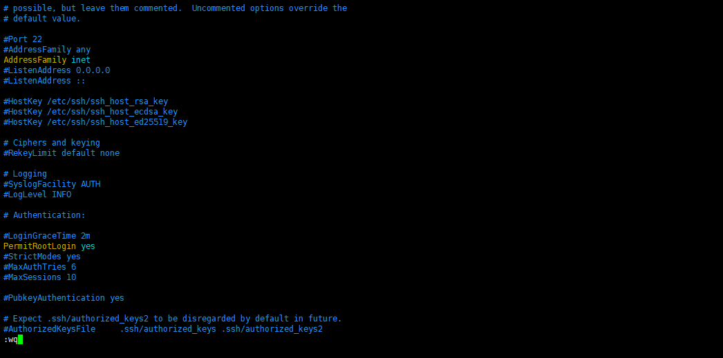 按i进入编辑模式，删掉#号，把prohibit-password改成yes,之后按esc退出编辑模式，输入:wq保存退出